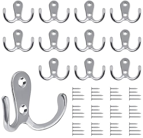 Bolatus 12 Stück Kleiderhaken, Haken Garderobe Doppelt Wandhaken Retro Haken Wand Metall Silber Kleiderhaken Vintage mit 48 Schrauben für Garderobenhaken Badezimmer Küche(Silber)