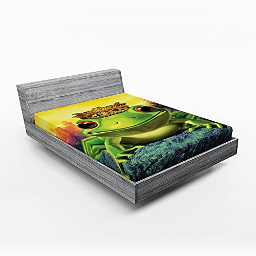 ABAKUHAUS Tier Spannbetttuch, Frosch-Prinz mit Krone, Soft Dekorativer Stoff Bettwäsche Rund-um Elastischer Gummizug, 180 cm x 200 cm, Grün Gelb