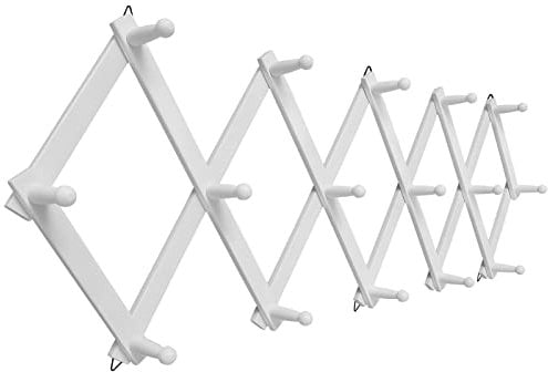 SCUNDA Accordion Wall Hanger with 16 Hooks, Wooden Coffee Mug Rack for Wall, Expandable Accordion Hook Rack Wall Mounted for Mug, Tea Cup, Purse,Coat, Hat, Cap(White)