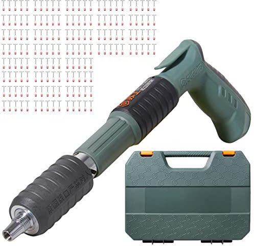 Rivet Gun Pistolet À Clous En Acier Avec Ronds 50/100/200 Pièces Defense Electrique Cloueur Riveter Pour Fixation Murale Au Plafond Avec Gants, Lunettes, Clés, Bouchons D'oreilles,200 Nails