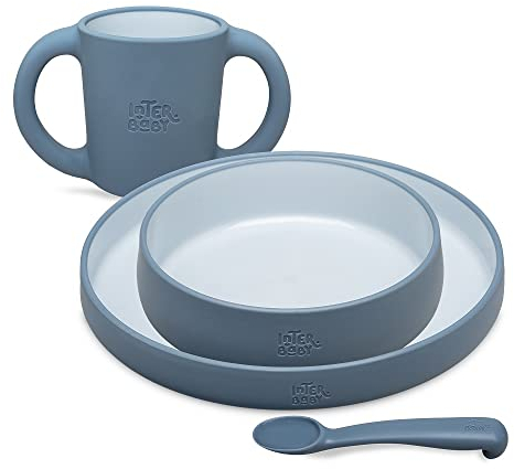 Juego de Vajilla Bebe Interbaby | Set Vajilla Infantil 5 Piezas Plato Llano, Bo, Cuchara, Tenedor y Vaso Antigoteo Aprendizaje | Apta para Microondas y Lavavajillas, Mayores de 6 Meses