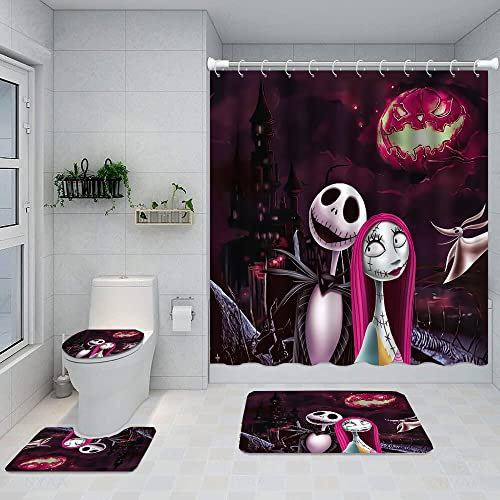 DDQTOUCH Juego de 4 Cortinas de Ducha de Jack Skellington y Sally de Jack Skellington y Sally, Juego de decoración de baño Impermeable para Halloween con 12 Ganchos (Jack-1)