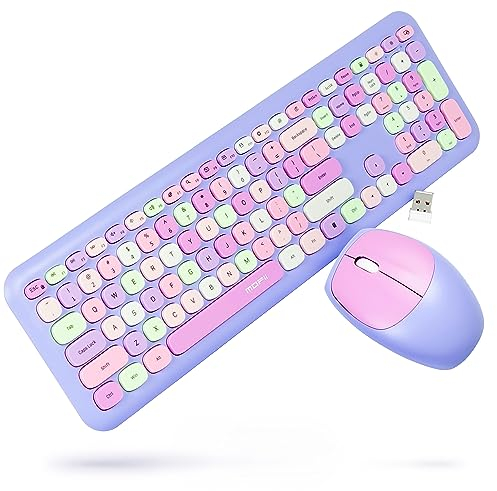 Silvergear® Retro Kabelloses Funk Tastatur & Maus Set QWERTY | Retro Vintage Design Schreibmaschinenstil | Silent Keyboard | Geeignet für Windows XP, 7, 8, 10 | Bunte Runde Tasten | Leise-Klick | Lila