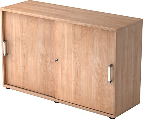 bümö Schiebetürenschrank 2OH - Aktenschrank abschließbar, Sideboard Schrank mit Schiebetüren in Nussbaum, Chromgriff - Büroschrank aus Holz mit Schiebetür, Büro Kommode für Ordner & Co.