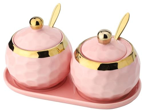 Azucarero de cerámica de 10 onzas, diseño de golf, cuenco de sal de porcelana con tapa y cuchara para el hogar y la cocina, cafetería, bar (rosa (2 unidades)
