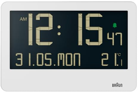 Braun Digitale Wanduhr mit Innentemperatur, Datum, Wochentag, großem umgekehrtem LCD-Display, Schnelleinstellung, Piepton-Alarm in Weiß, Modell BC14W.