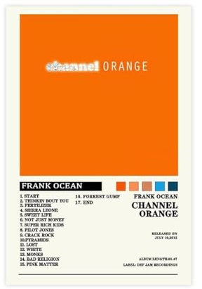 Frank Poster Ocean Channel Orange Album Cove Leinwand Poster Schlafzimmer Dekor Sport Landschaft Büro Zimmer Dekor Geschenk ungerahmt 30 x 45 cm