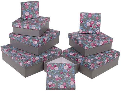 Graue Geschenkkartonage, Frühlingsblumen, ca. 22,5 x 22,5 x 8 cm, 8er Set, einzelne EAN-Auszeichnung