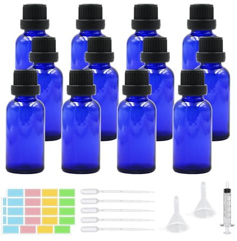 Episkey 12 Stück Blauglasflasche Tropfflasche aus Glas Blau Apothekerflasche Set inkl. kleine Glasflaschen Tropfer Trichter Spritze und Etikett (Blau, 30ml)