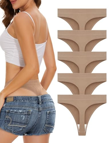 VOENXE String Tanga Damen, High Waist Sport Unterwäsche Frauen Mehrpack, Hohe Taille Breiter Bund Unsichtbarer Slip Tanga Fitness Women Thongs, Invisible Panties Underwear, 5er Pack Set