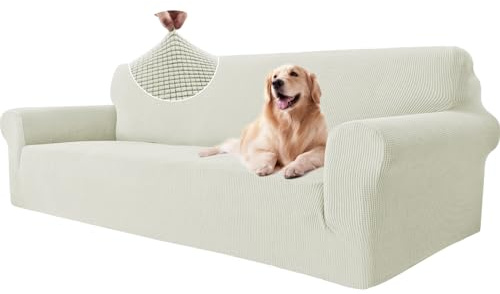 Ystyle Sofa überzug 4 Sitzer Mit Armlehne, Stretch Sofabezug rutschfest, Modern Sofa Cover Für Hunde Haustiere, Atmungsaktiv Couch überzug Mit Elastic Bottom, Natürlich Weiß