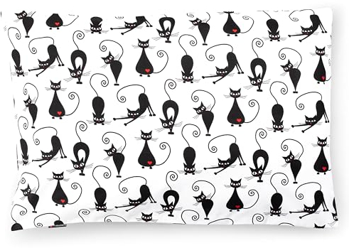 PinkZebra Kopfkissenbezug Kinder, Kissenbezug 30 x 50 cm aus 100% Baumwolle, Kissenhülle Jungen, Öko-tex Standard 100, Kinderbezüge mit Reißverschluss, Katzen Schwarz