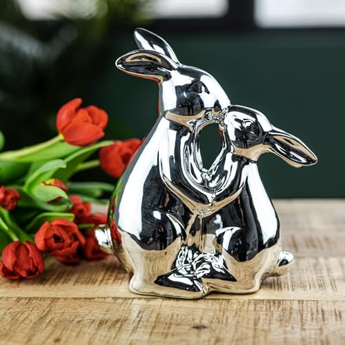 Keramik Osterdeko Hasen Liebespaar 19 x 23cm Silber Dekofigur Oster-Dekoration Tisch-Deko Osterhase