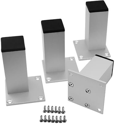 Qiveno 4Pcs 4Inch Metal Furniture Legs, Square Metal Cabinet Support Foot for Sofa, Cabinet, Bookshelf, Bed, and Table (Matte Silver)