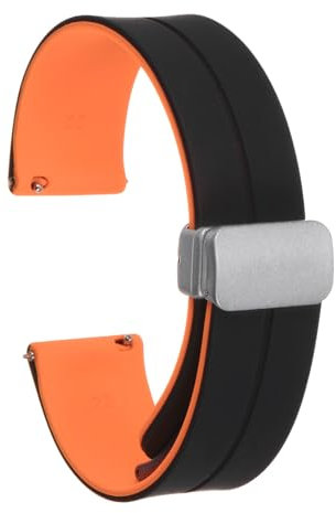 QUARKZMAN Bracelet de Montre en Silicone Magnétique 22mm à Dégagement Rapide, Souple, Étanche, avec Boucle Pliante en Métal Argenté pour Hommes et Femmes, Noir/Orange