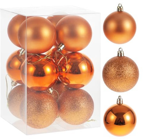 RELONGGI Weihnachtskugel-Ornamente, 6 cm, vorbespannte Weihnachtsbaumschmuck, Feiertags-Hängekugeln, 3 Stile, bruchsichere Kunststoff-Kugeln, Ornamente, Orange, Größe L, 12 Stück
