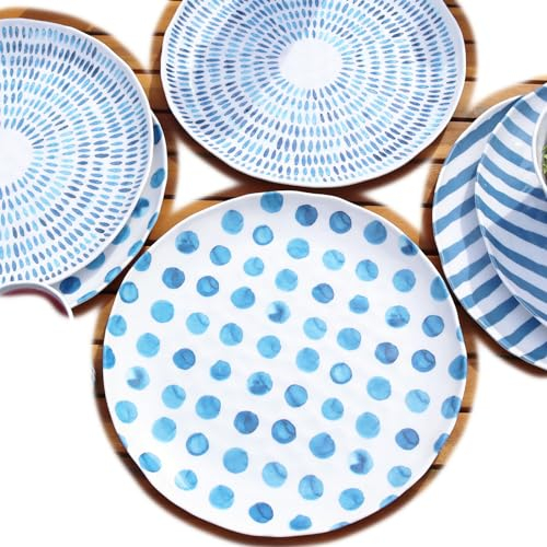 Darthome Set of 6 Blue Patterned Outdoor Dinner Plates 27x27cm Melamine BBQ Camping Picnic Garden