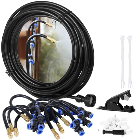 32.8 FT(10M) Misting Cooling System, MSDADA Misting Line with 360° Adjustable Brass Mist Nozzles&Brass Adapter (3/4 ) Outdoor Mister for Outdoor Patio Garden Greenhouse Trampoline for Waterpark