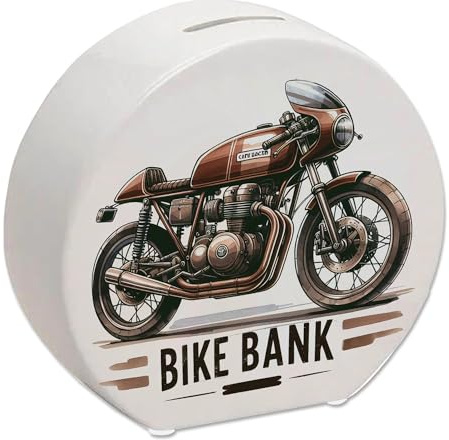 Cafe Racer Motorrad Spardose mit Spruch Bike Bank Cafe-Racer in Braun Retro Design