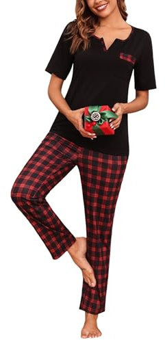 Bresdk Ensemble de Pyjama Femme Coton Vêtements de Nuit Haut à Manches Courtes de Couleur Unie Bas de Pyjama à Carreaux 2 Pièces, Noir/Rouge, M