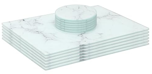 Harbour Housewares 12pc Glass Placemats & Coasters Set - 30 x 20cm | Marble Rectangular Tempered Heat-Resistant Non-Slip Place Mat & Round Coasters Set Indoor Home Kitchen Table Plate Place Mat