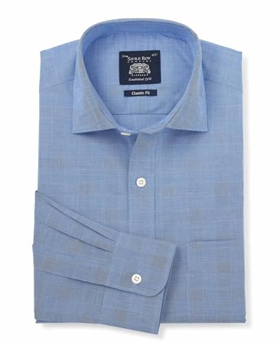 THE SAVILE ROW COMPANY LONDON Men's Classic Fit Cotton Poplin Single Cuff Formal Shirt - Navy Prince of Wales Check - 16.5 Collar - Standard