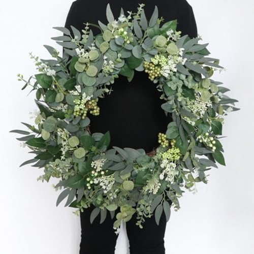 Künstliche Eukalyptus Kränze für Haustür 55 cm Sommerkranz Große Grüne Blattkränze Türkranz mit Beeren für Wände Fenster Veranda Bauernhaus Terrasse Partydekoration
