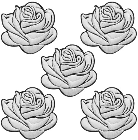 sourcing map 5Pcs White Rose Embroidered Patch Appliques,3D Flower Sew/Iron on Patches