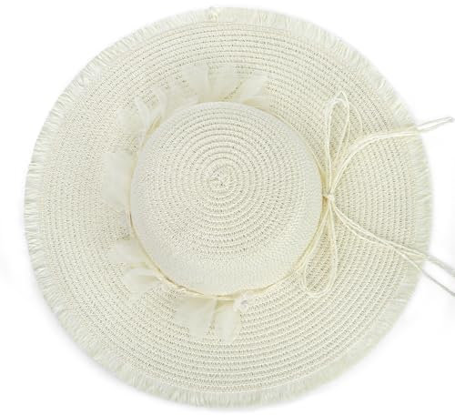 LY4U Damen Schlapp Sonnenhut mit Breiter Krempe UPF 50+ mit Spitzenblume, Faltbarer UV-Schutz Strandhut für Reisen, Sommer Outdoor