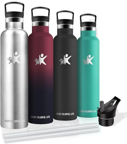 Trinkflasche Edelstahl, Trinkflasche 1l, Trinkflasche mit Strohhalm, BPA-Frei, Trinkflasche Kohlensäure Geeignet, Isolierflasche Doppelwandig, Trinkflasche Auslaufsicher, für Wandern, Yoga, Camping