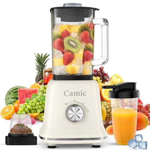 Camic Batidora de Vaso 1200 W, licuadora 3 en 1 con Recipiente de Vidrio de 1,6 L, Taza de Viaje de 400 ml y vaso de Molienda de 200 ml, Función de Pulso/2 Velocidades para Batidos y Bebidas