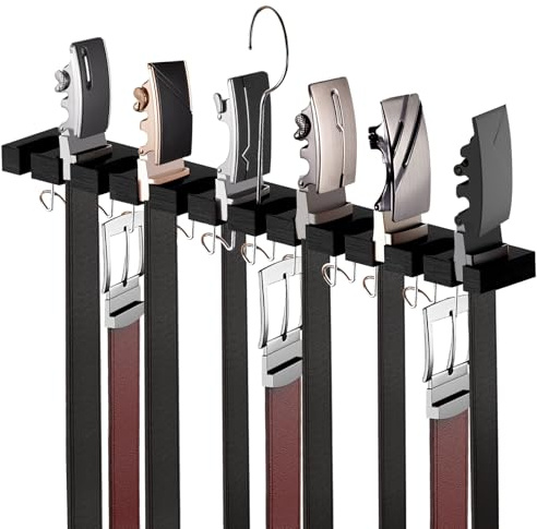 Cuipingoo Belt Hanger for Closet Max 42 Belts, 2-in-1 Wall Mount Belt Organizer with 360° Rotating Hooks, Wooden Tie and Belt Rack for Closet Accessories Organizers and Storage, Black