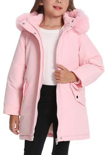 FEOYA Giacca Invernale Bambina 7-8 Anni Giubbotto con Cappuccio Staccabile Ragazza Parka Fodera in Pile Caldo Cappotto Antivento Rosa