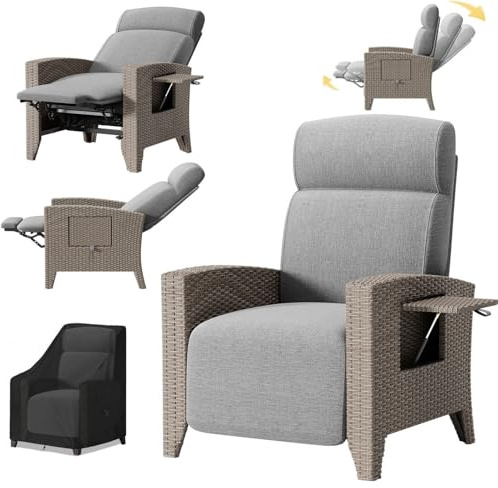 YOIZO Relaxliege Liegesessel, Rattansessel mit Liegefunktion, Gartensesse Verstellbar Rückenlehne, Relaxsessel mit Staubschutz, für Drinnen, Balkon, Garten, Innenhof (C-Links)