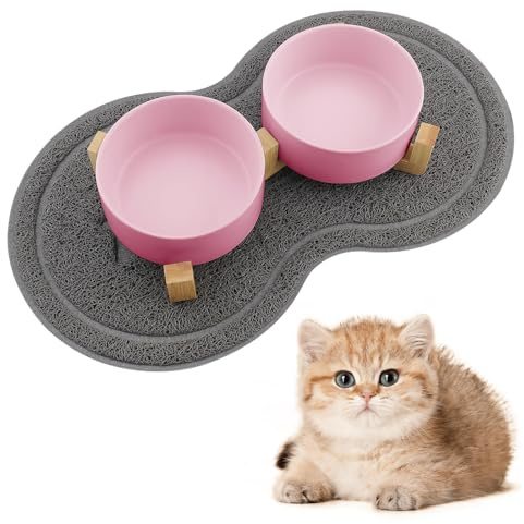 Zosenyer Gamelle Chat Surélevée avec Support, 400ML Gamelle Eau Chat, Tapis Chien Design à Double Bols, Idéal pour Les Chiots et Les Chats (Couleur Rose)