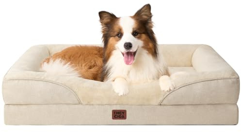 EHEYCIGA Orthopädisches Hundebett mit 4 Rändern, 104x68cm, Beige | Memory Foam, Waschbarer Bezug, Wasserdichte Beschichtung, Rutschfester Boden, Reversibles Design, Dauerhafter Reißverschluss