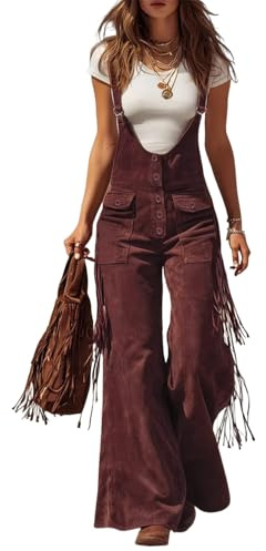 ORANDESIGNE Donna Salopette in Pelle Scamosciata Costume da Cowgirl Western Hippie Pantaloni Larghi da Cowboy Vintage con Nappe