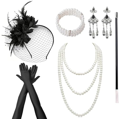 DTAOZFA 20er Jahre Accessoires, 1920s Accessoires Set Für Damen, 20er Jahre Kleid Zubehör, Perfekt Für Karneval, Tanzparty Mit Stirnband, Armband, Halskette, Handschuhen, Ohrringen, Rohr