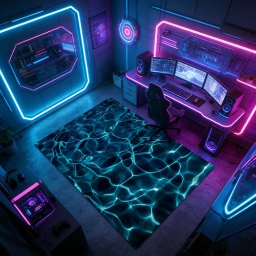 SOJAWA 3D Wasser Effekt Teppich 120x180cm, Weicher Kurzflor Spielteppich, Waschbar & rutschfest, Neon Blau Futuristische Deko für Gaming-Zimmer, Schlafzimmer, Jungen