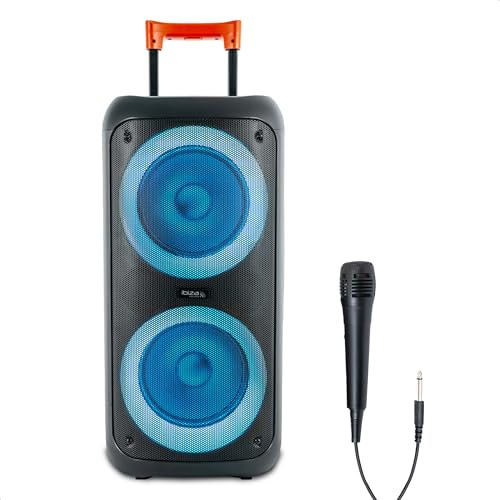 Ibiza ERIS400 Altoparlante Bluetooth portatile con batteria LED – 2 Boomers Luminosi – TWS – USB, MicroSD, AUX – Microfono cablato incluso – Trolley, Ruote – Ideale per serate e karaoke