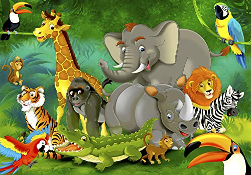 decomonkey Fototapete Kinderzimmer Tiere 350x256 cm XXL Design Tapete Fototapeten Vlies Tapeten Vliestapete Wandtapete moderne Wand Schlafzimmer Wohnzimmer Kinder Dschungel Elefant