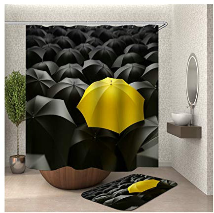 Daesar Gelb und Schwarz Regenschirme Badematte Toilette 40x60 Badvorhang 180x200 cm Vintage, Badematten Set