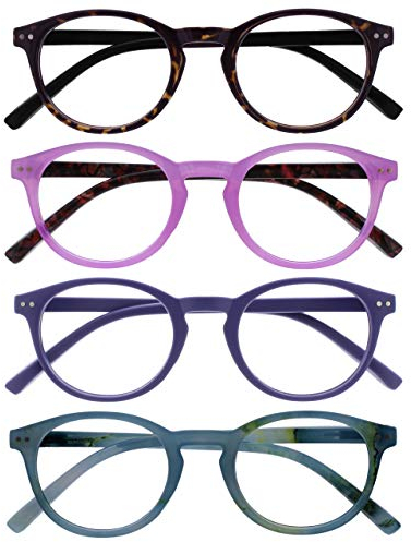 OPULIZE Zen Lesebrille 4er Pack Kleine Runde Rahmen Federscharniere Kratzfest Dunkelbraune Rosa Lila Türkis Herren Damen RRRR24-245Q +1.50