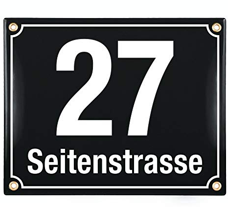 Sosenco Hausnummerschild Hausnummer mit Straßenname - 25x20 cm - Keramik Emaille - Wetterfest - Personalisiert (Schwarz)