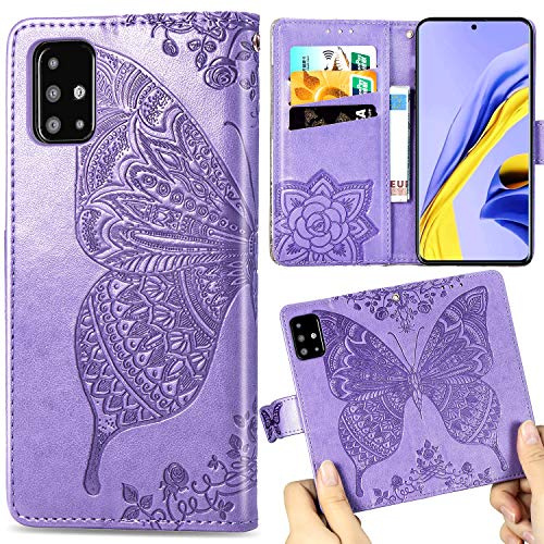 Roar Handyhülle für Samsung Galaxy A51 Hülle Flip Case Lila | Hochwertige PU Leder Handy Hülle im Schmetterling & Blumen Design: 3 Kartenfächer, Geldfach, Magnetverschluss, Stoßfest