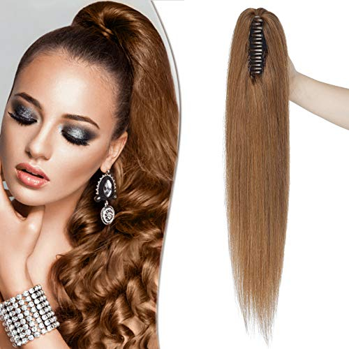 14(35cm) SEGO Coleta Postiza con Pinza Pelo Natural Corta [#6 Castaño Dorado] 100% Remy Extensiones de Clip Cabello Humano Lisa Claw Ponytail Hair (105g)