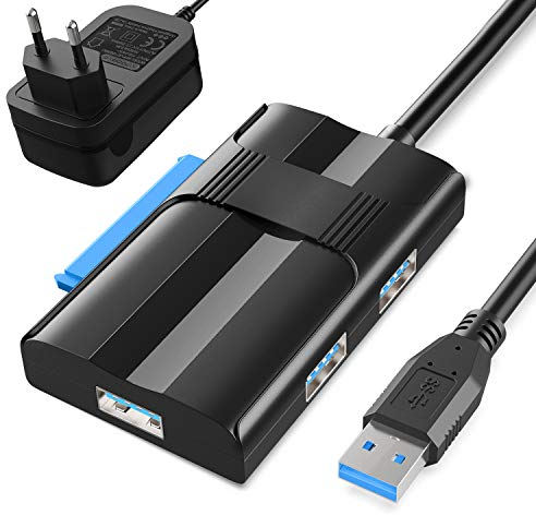 Adaptateur SATA USB 3.0 Meofia - Lecteur Disque Dur Avec 3 Ports USB 3.0 Pour SSD HDD Universel 3,5 / 2,5 Pouces, Prise en Charge UASP, Adaptateur Secteur UE Inclus