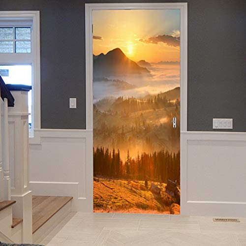A.Monamour Türtapete Selbstklebend Türfolie Türposter 3D Sonnenuntergang Natur Berge Wälder Land Feld Szenisches Foto Vinyl Folie Türdeko Tapete Wandbild Türaufkleber Türtattoo 83 x 204 cm