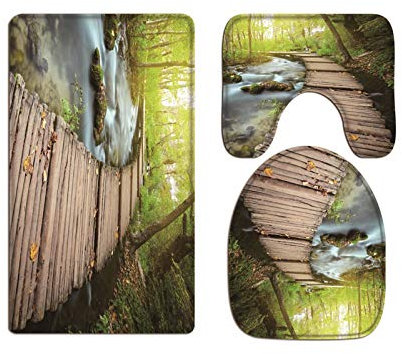 A.Monamour Badezimmer Badematte 3 Teilig Set Promenade In Park Waldbäume Flussbäche Felsen Natur Flanell WC Toilette Deckel Deckt Bad Matte Teppich Badteppiche Badvorleger Badgarnitur Vorleger