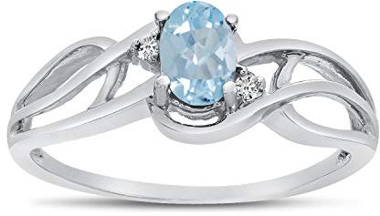 LXR 10k Weißgold Oval Aquamarin und Diamant Curve Ring 0.29 ct